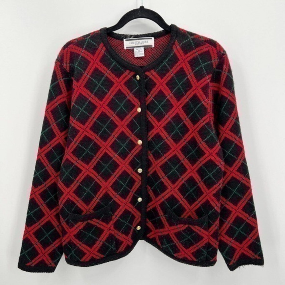Vintage Crystal Kobe Sweater Cardigan Red Argyle Academia Button